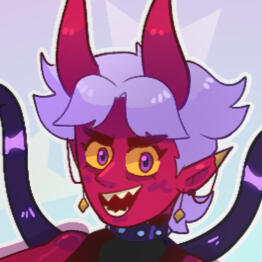 Lee's persona or oc depicted as a demon with white hair, and long horns, with a funny grin.